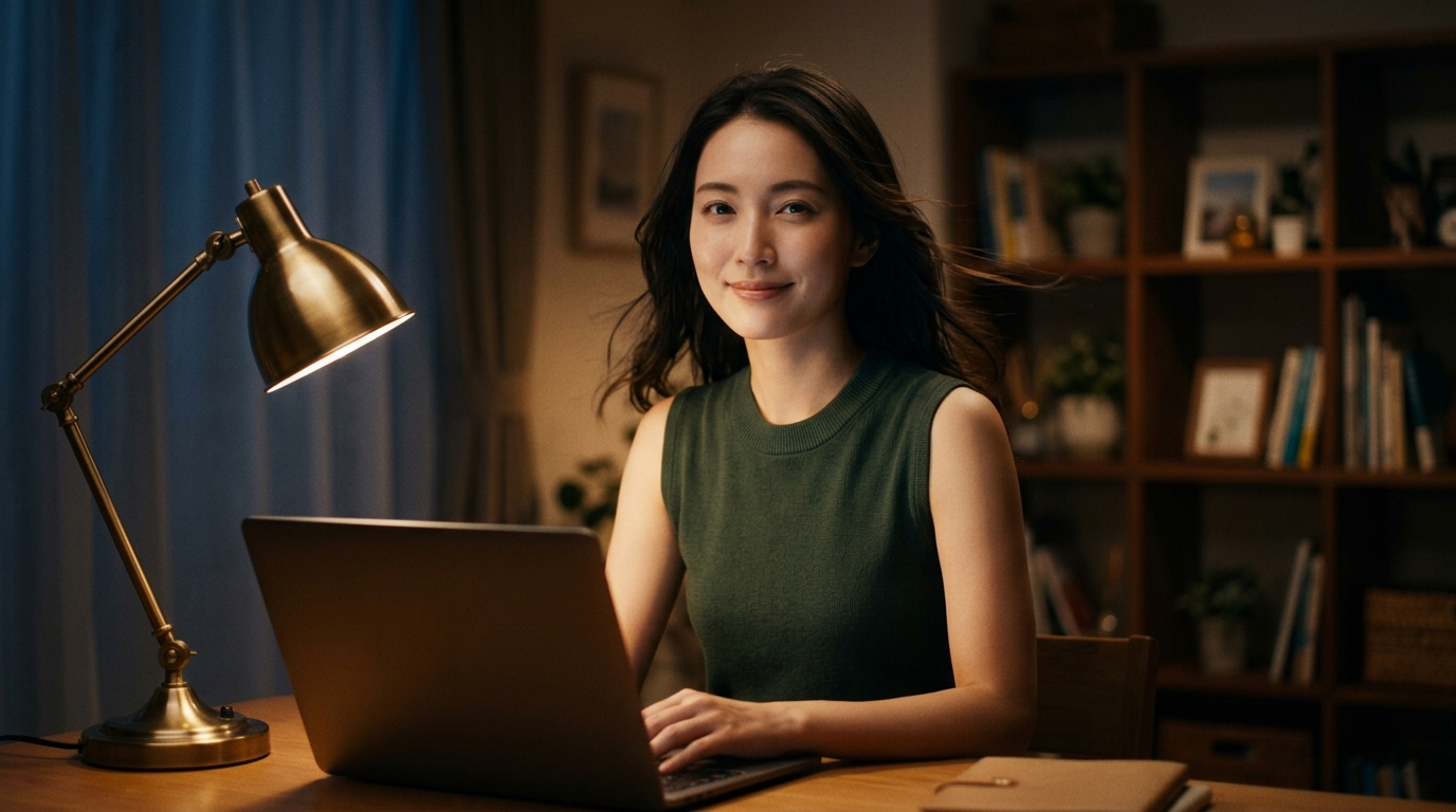 美顔フィルターを活かすライティング術を試す女性。スマホとデスクライトの照明でオンライン映えを改善している様子。