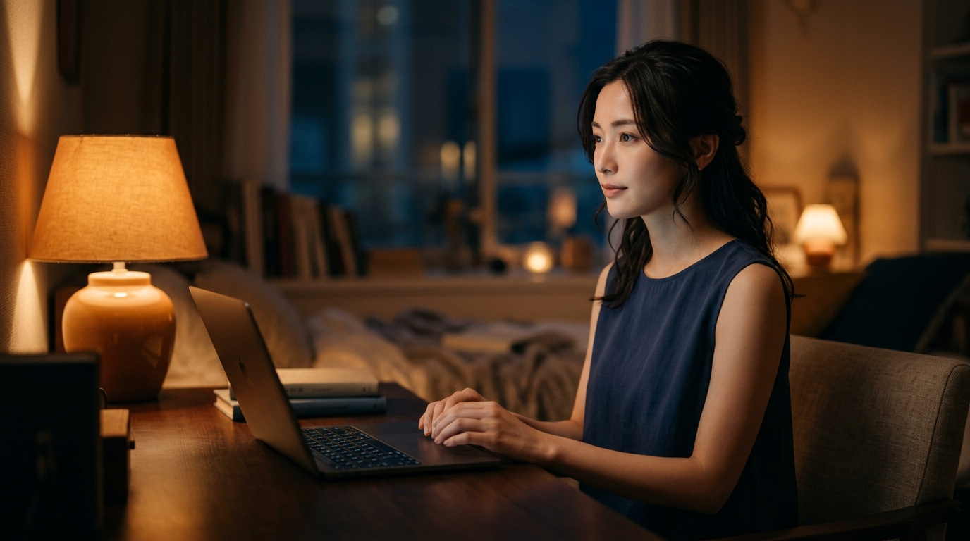 円安下の静かな夜、Stripchatのアジア時間帯で新しい愉しみ方を見つける女性の知的な横顔