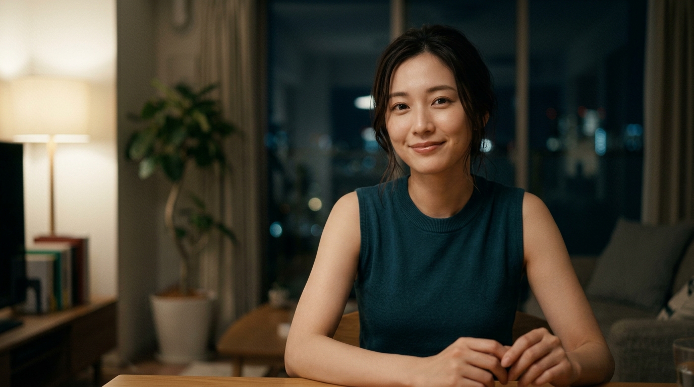 夜の部屋で静かに微笑む美しい女性。Stripchatでチャットだけの関係を楽しむ知的な遊び方を象徴する一枚。