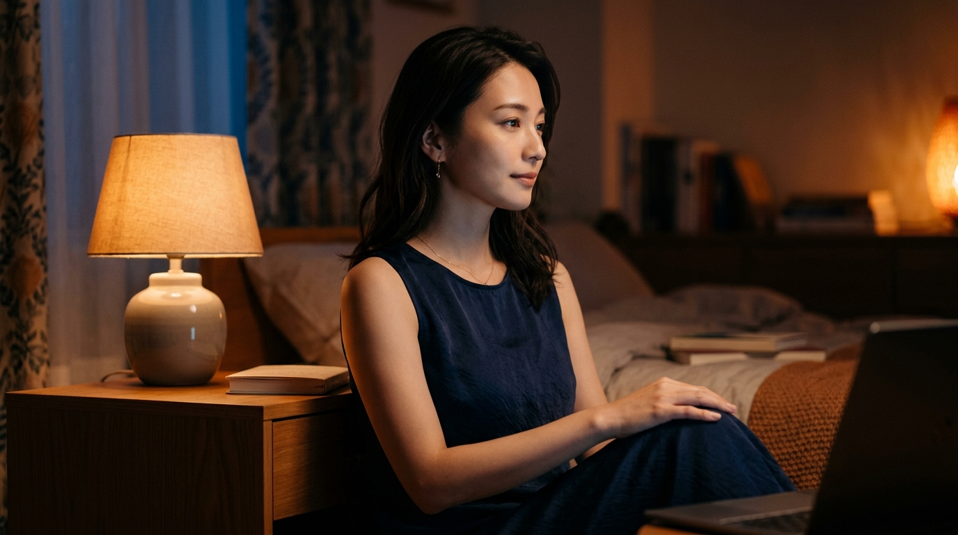 Stripchatの連動トイを体験する前の静かな夜の部屋。画面の光が女性を照らし、これから始まる新しいバーチャル体験を予感させる。