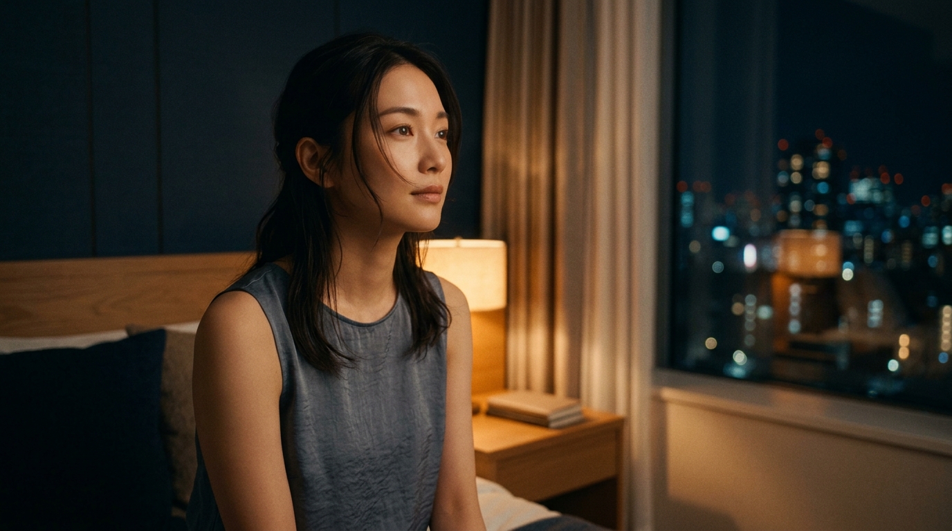 Stripchatの静かな楽しみ方を実践する女性が、夜景の見える薄暗い部屋で物思いにふける様子。