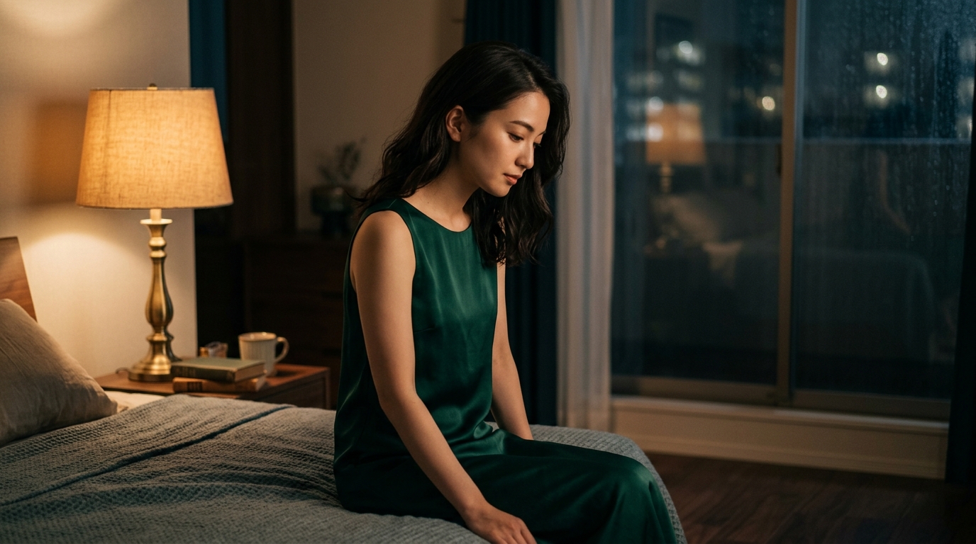 Stripchatのアジア時間帯を思わせる、深夜の部屋で静かに佇む美しい女性。