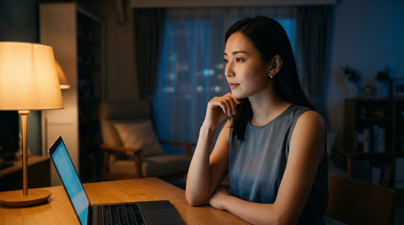 Stripchatでの独り言と対話を楽しむ女性のイメージ。深夜にPCの前で心理的な安らぎを得る様子。