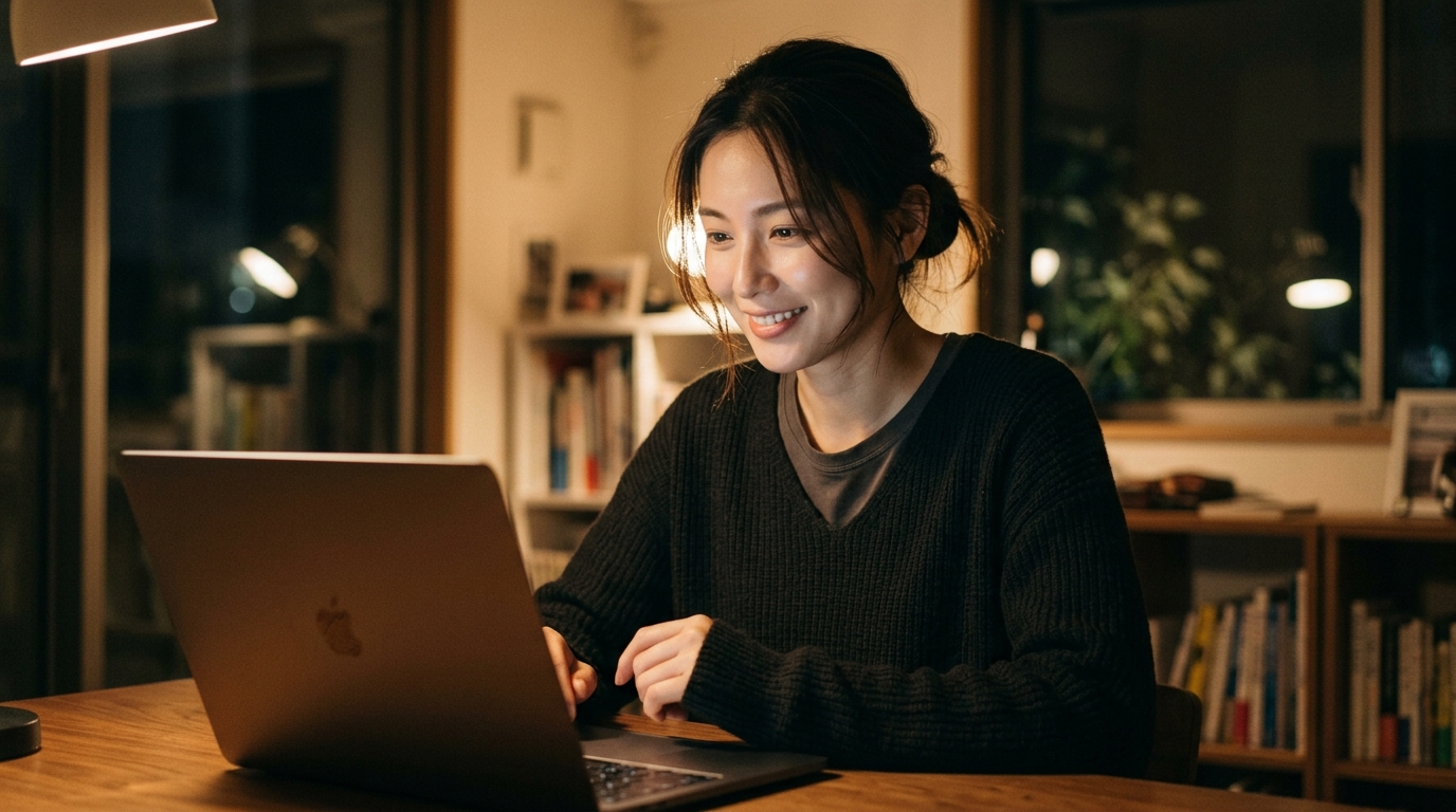 夜の部屋でパソコンの光に照らされる女性。Stripchatのチップの使い方を考える上で重要な、相手の気持ちを想像させる一枚。