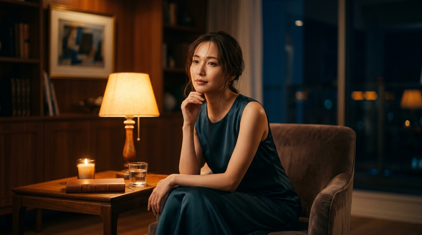 Stripchatで過ごす週末の夜、部屋で静かに微笑む美しい女性の姿。誰にも言えない儀式と心理的な充足感を象徴する一枚。