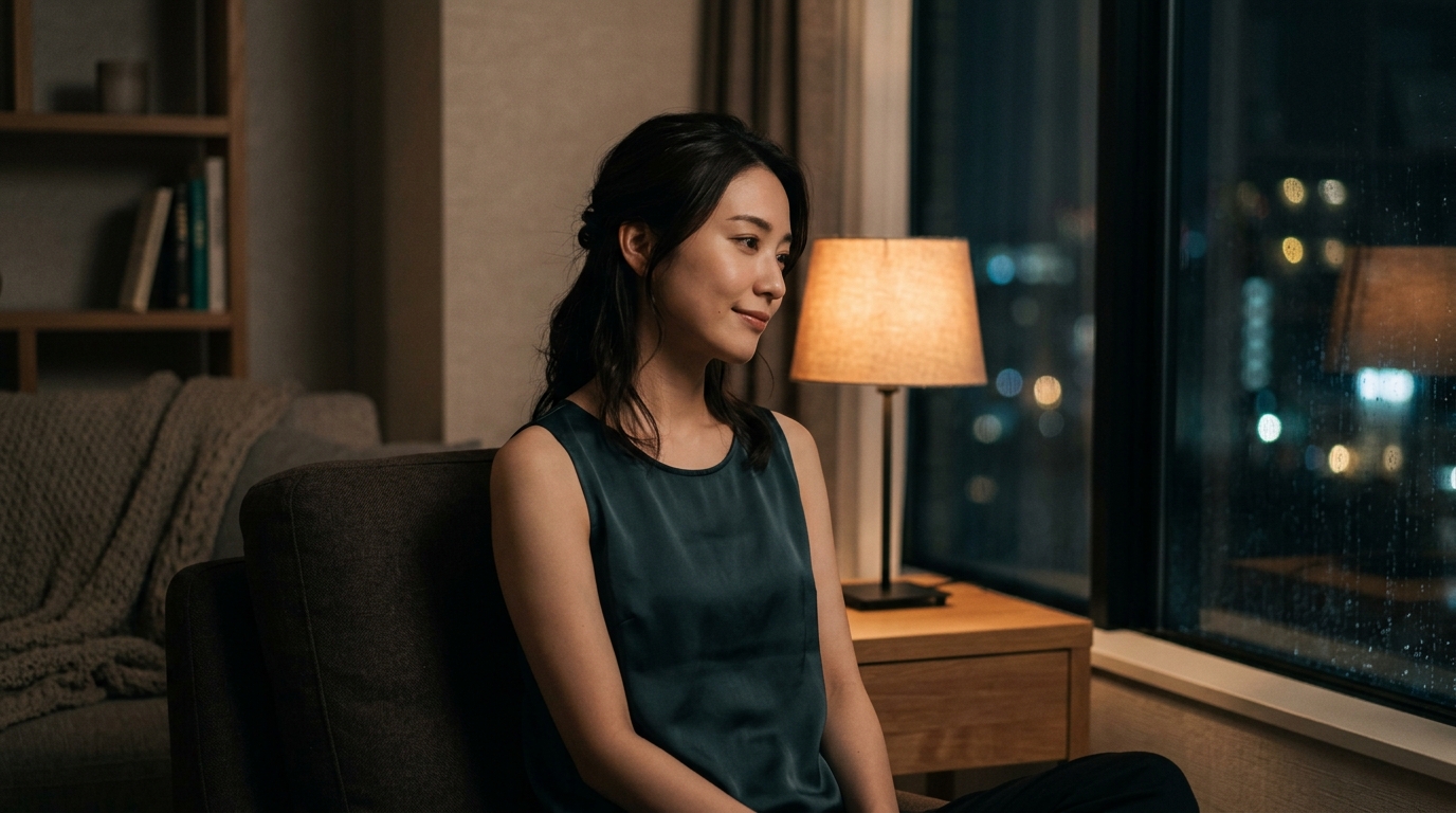 夜の部屋で窓の外を眺める女性。Lovenseがもたらす新しい夜の体験と、孤独からの解放を表現。