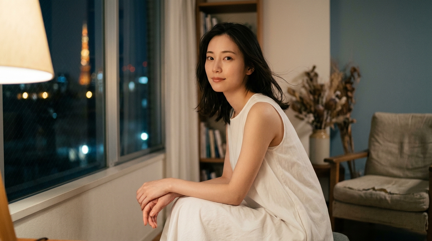 Stripchatを無料で楽しむ作法について解説する記事のイメージ画像。部屋でリラックスする美しい日本人女性。