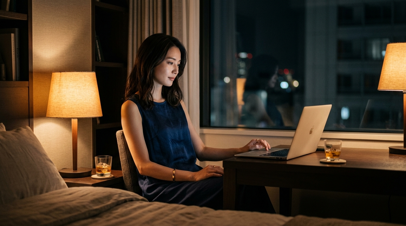 Stripchatがもたらす孤独な夜の変化を象徴する、深夜にラップトップの光を見つめる美しい女性の画像