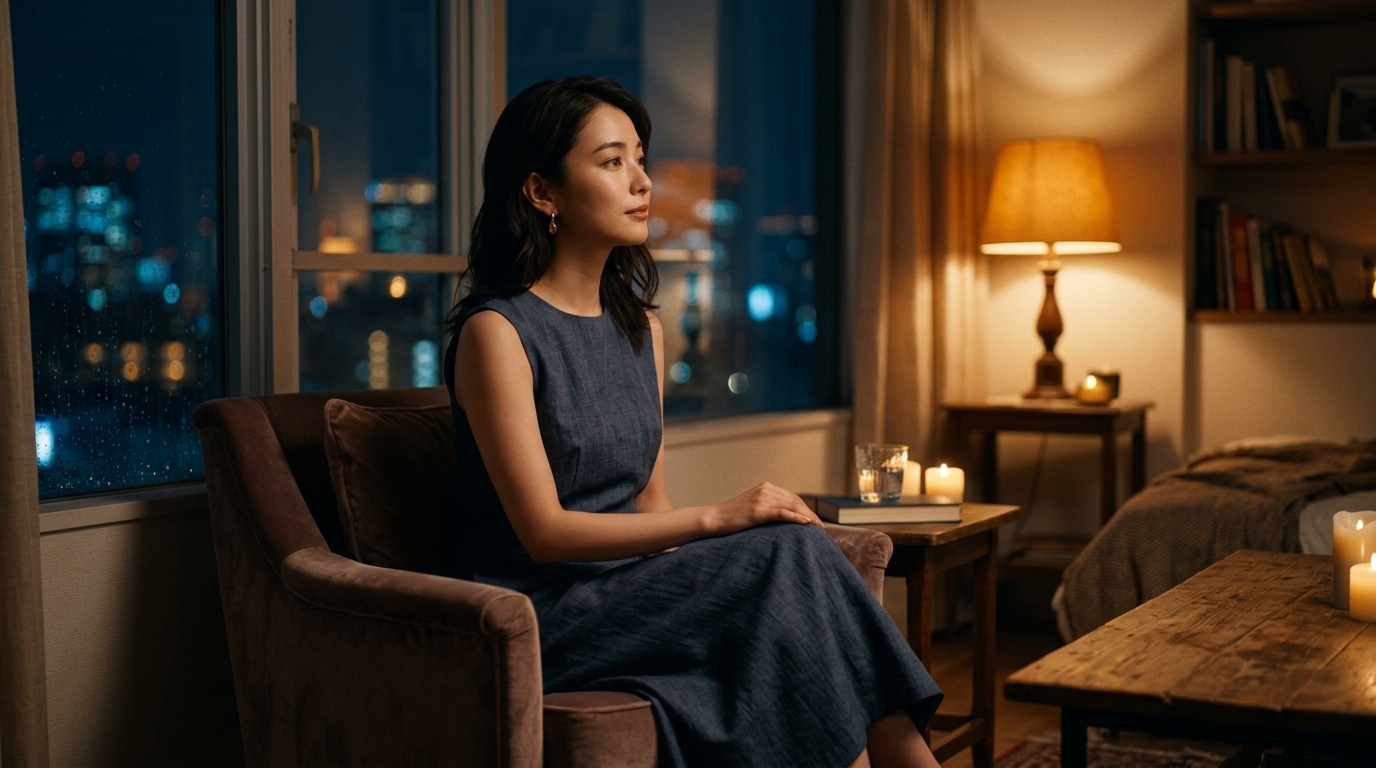 夜の習慣としてStripchatを楽しむ女性のイメージ。静かな部屋でリラックスし、孤独を癒す心理的効果を得ている様子。