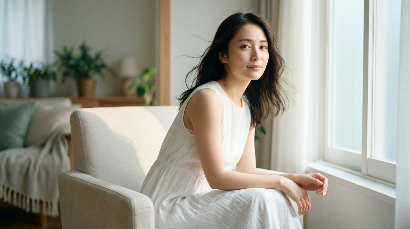 夜、部屋で静かにこちらを見つめる女性。Stripchatの支払い方法を選び、これから始まる体験を待つイメージ。