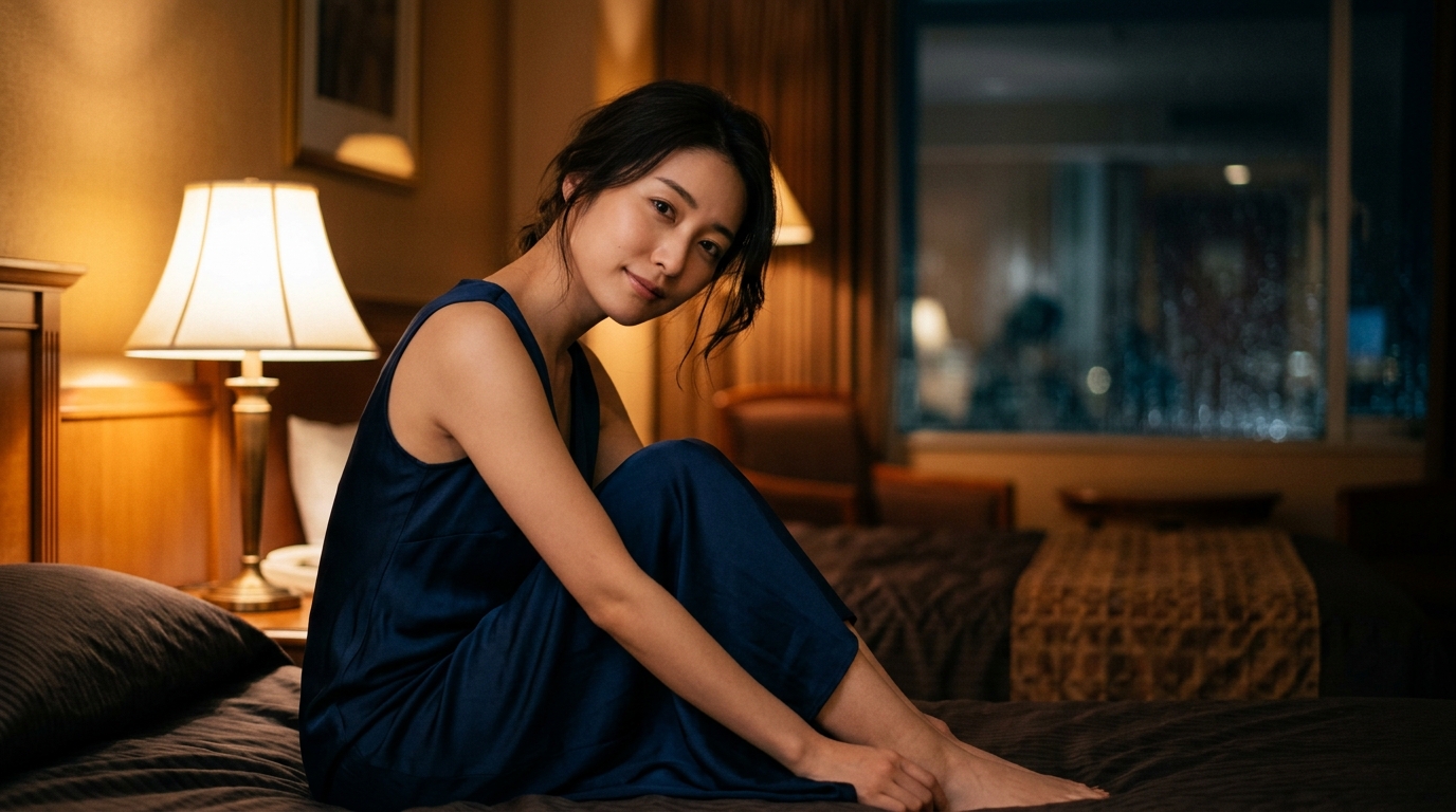 Stripchatの一人時間を楽しむ女性のイメージ。深夜の部屋でリラックスし、画面越しの対話を待っている様子。