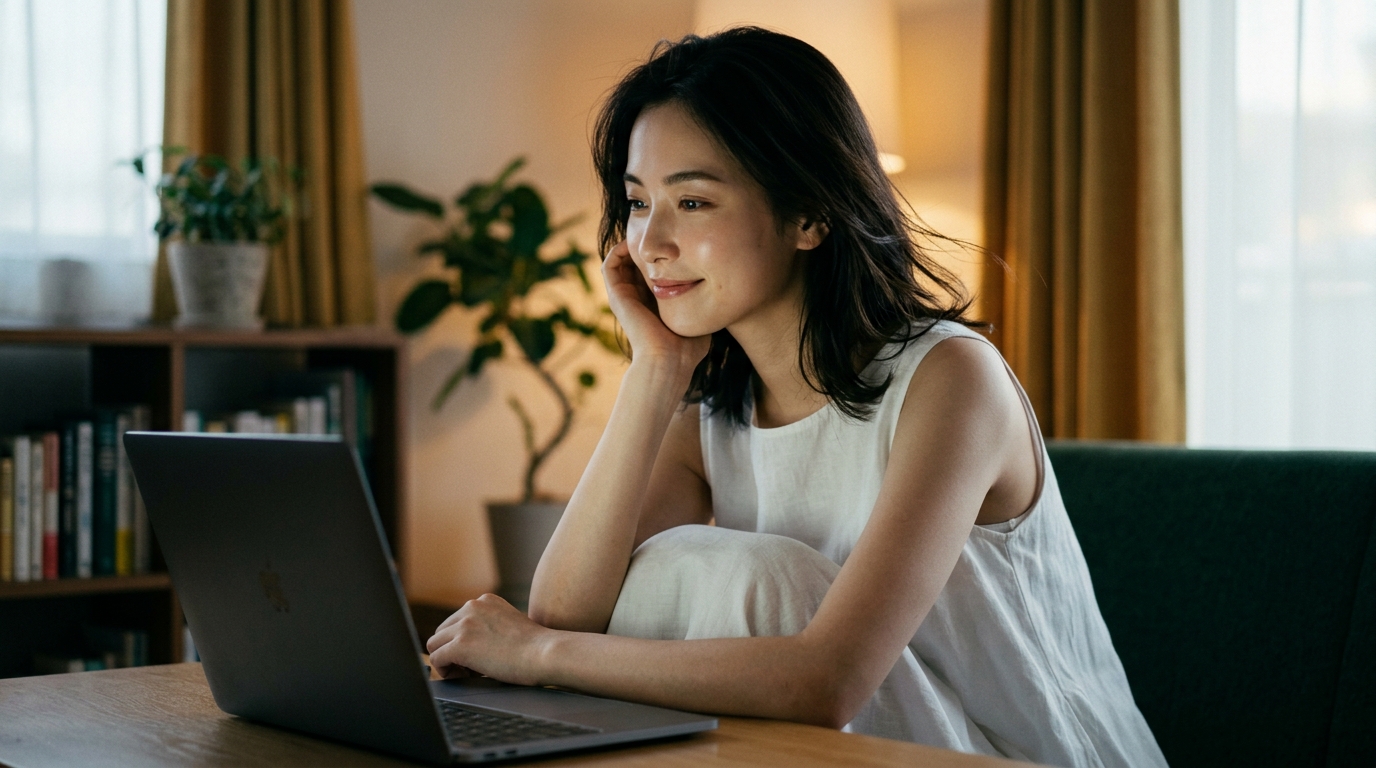 Stripchatを無料で楽しむ方法を検索する女性のイメージ。薄暗い部屋のラップトップ画面を静かに見つめている様子。