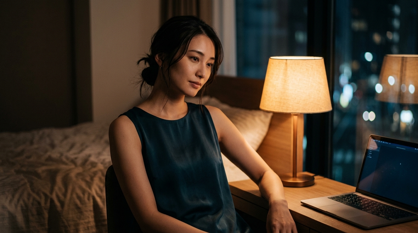 深夜、薄暗い部屋で一人過ごす女性。ひとり夜更かしの作法と、質の高い時間の使い方を象徴する一枚。