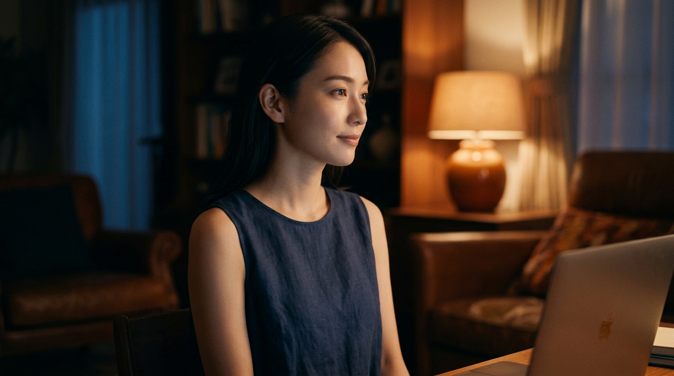 夜の部屋でノートパソコンを見つめる女性と、Lovenseがもたらす新しい距離感のイメージ