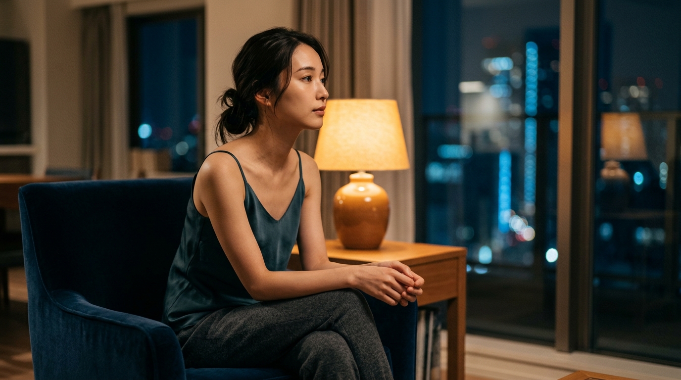 眠れない夜の過ごし方として、窓の外を眺め物思いにふける女性。孤独な時間を豊かにする方法を探る。