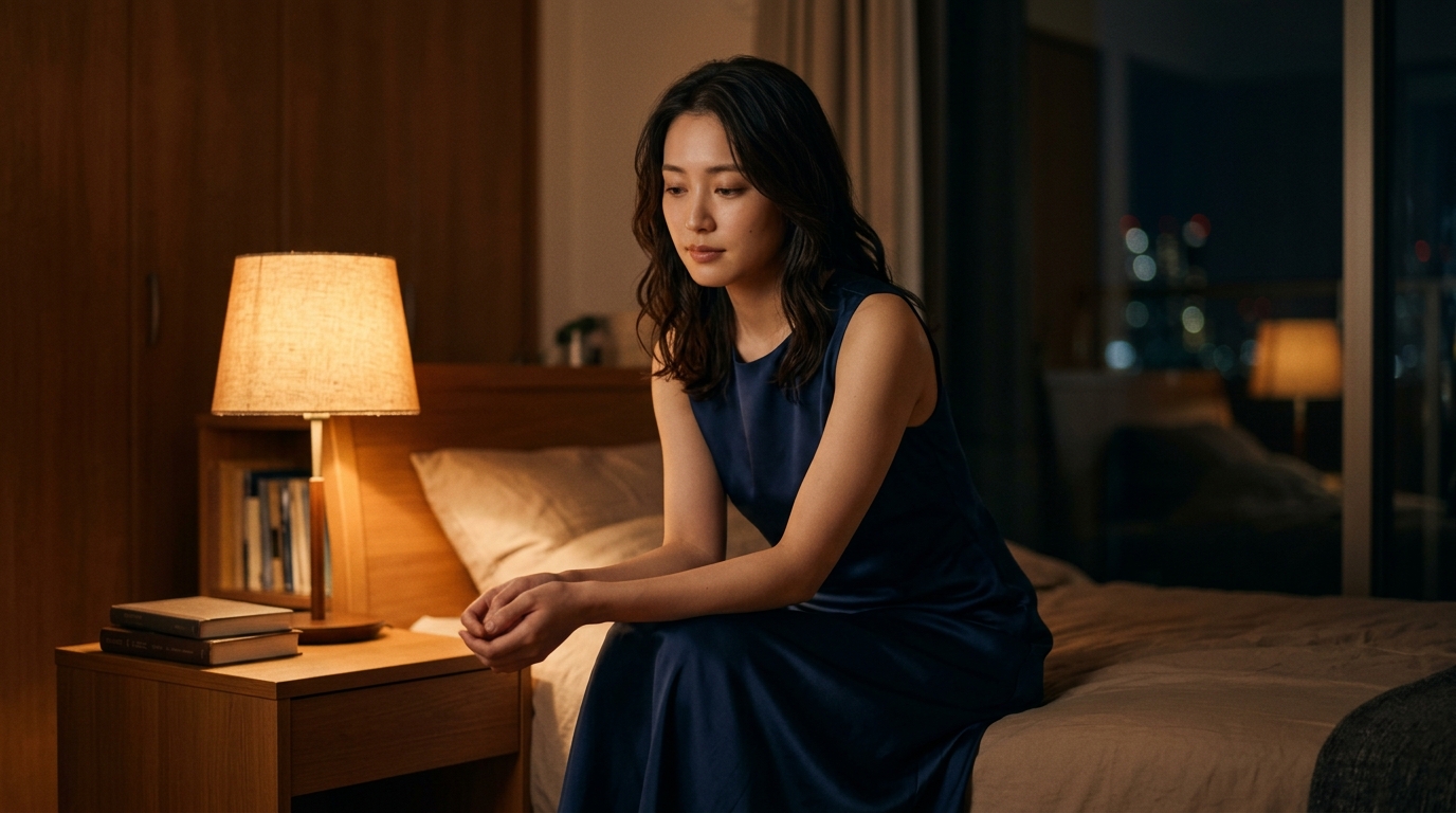 Stripchatのアジア時間帯の魅力を語る、深夜の部屋でくつろぐ美しい女性