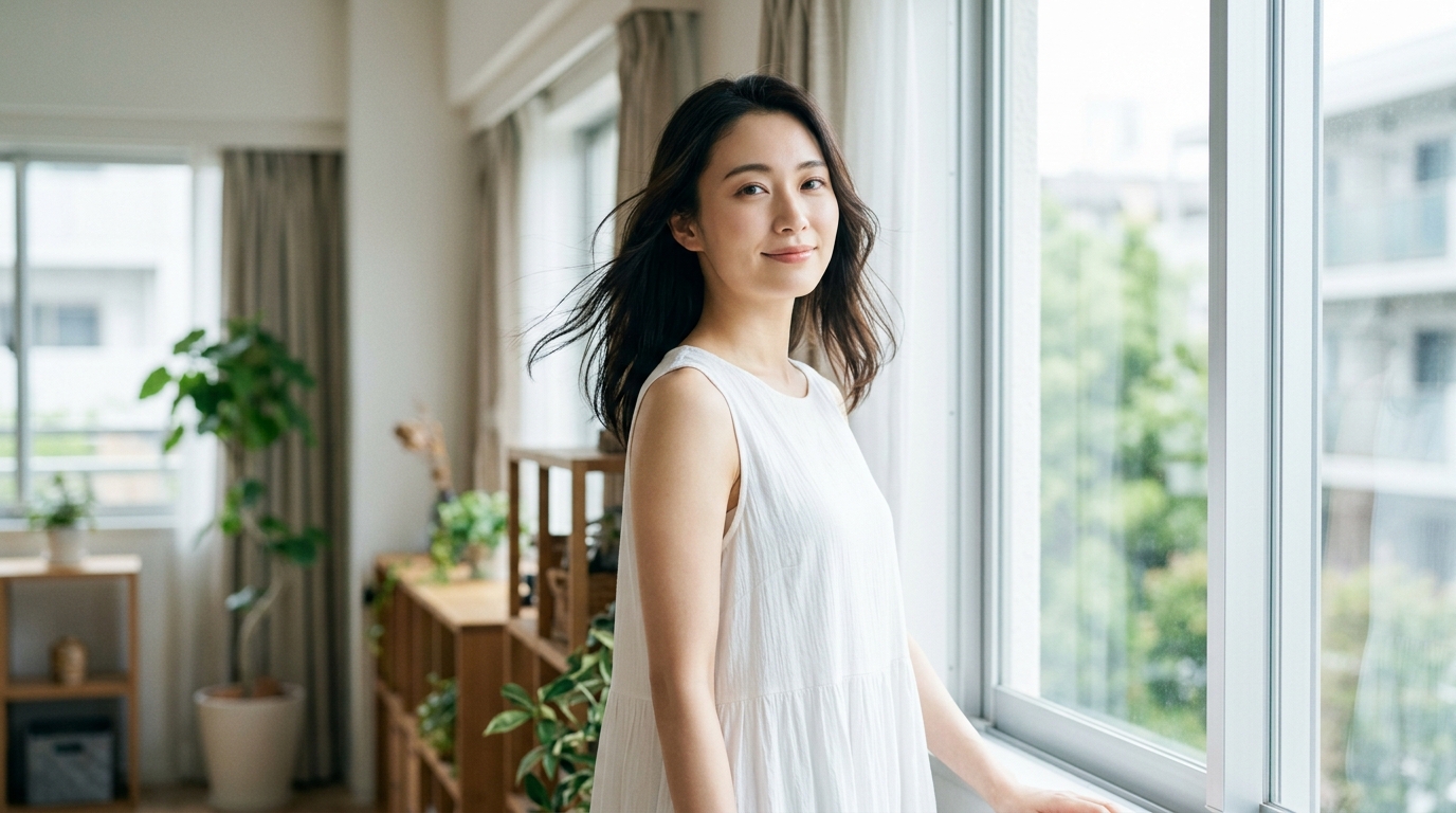 Stripchatの始め方を学び、夜の自室で静かに微笑む美しい日本人女性。安全な楽しみ方を理解した安堵感が漂う。