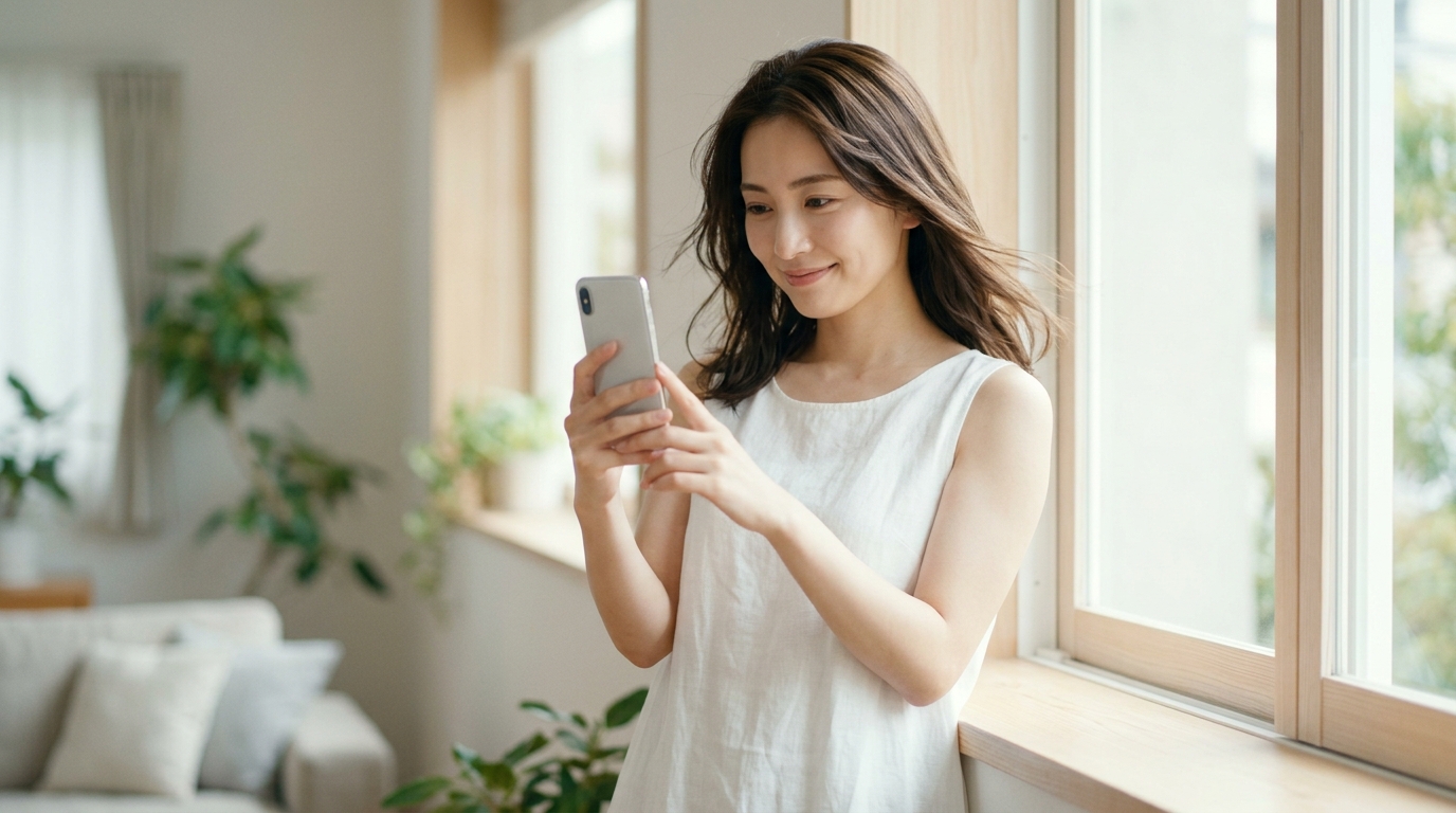 スマホを使い美顔フィルターを自然に設定する女性。ライブ配信でバレないコツを解説。