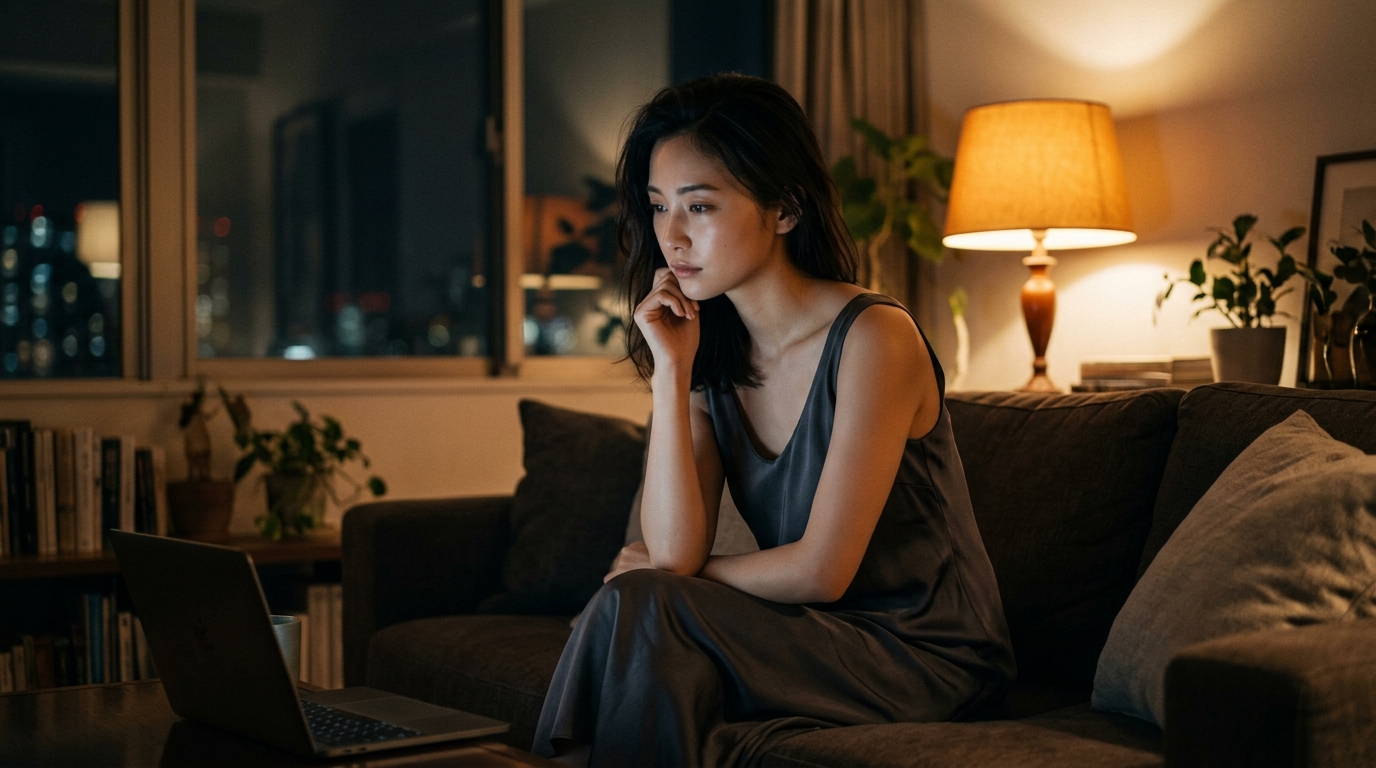 LovenseとStripchatを連携させる体験をイメージした、夜の部屋でくつろぐ女性。孤独な夜を変えるインタラクティブな体験。