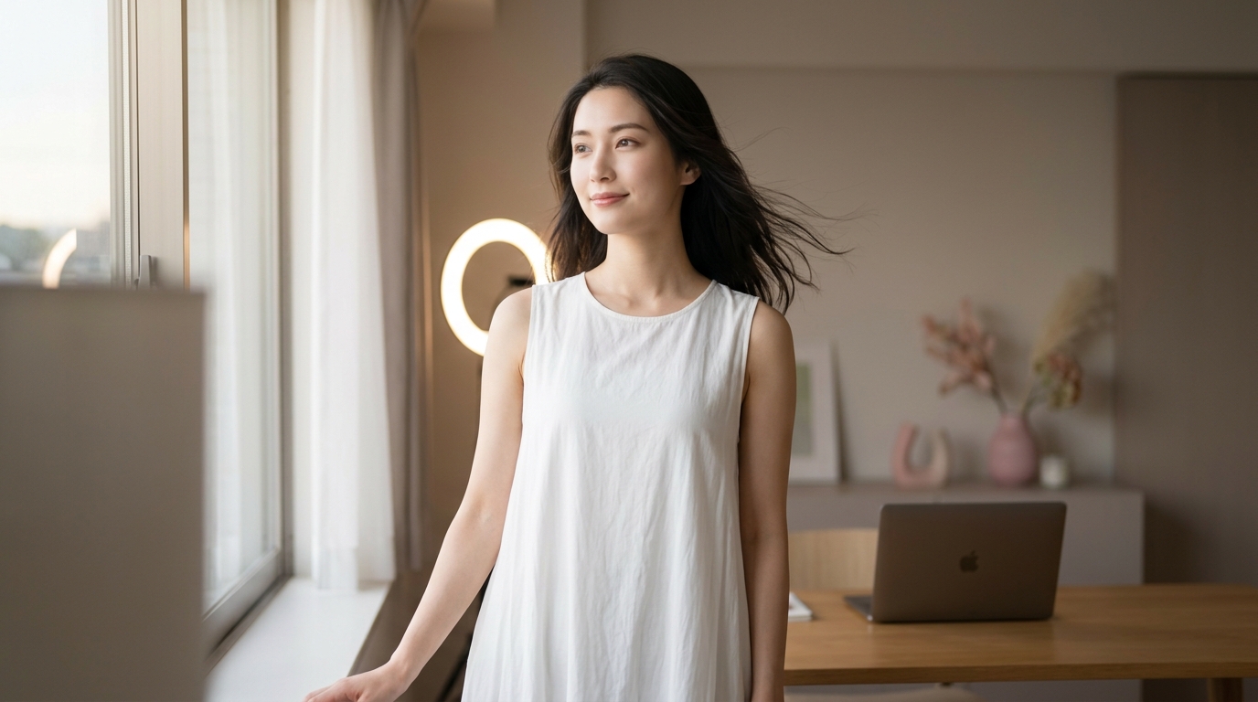 美顔フィルターの正しい使い方とライティング術を紹介する記事のイメージ画像。リングライトを使い、スマホでオンライン配信をする美しい日本人女性。