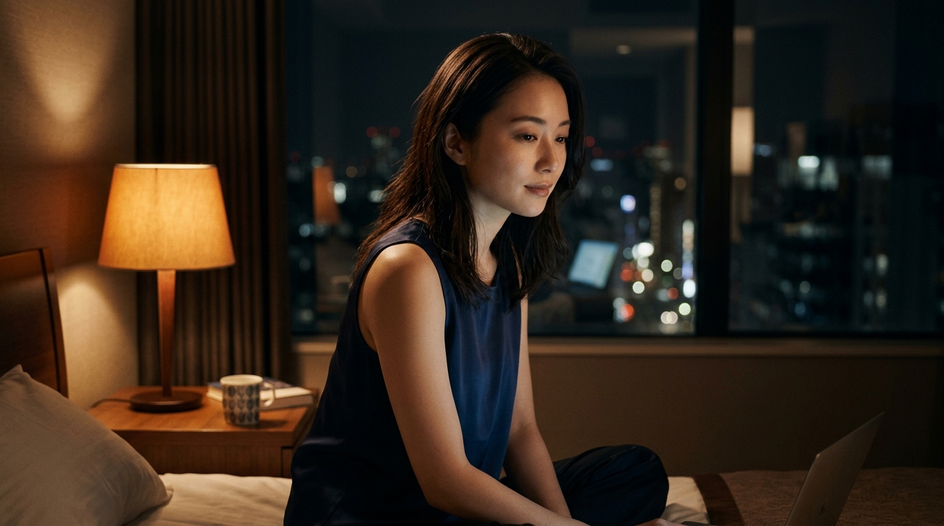 Stripchatの寸止めについて物思いにふける美しい女性。深夜の部屋でパソコンの光に照らされている。大人の心理戦を象徴する一枚。
