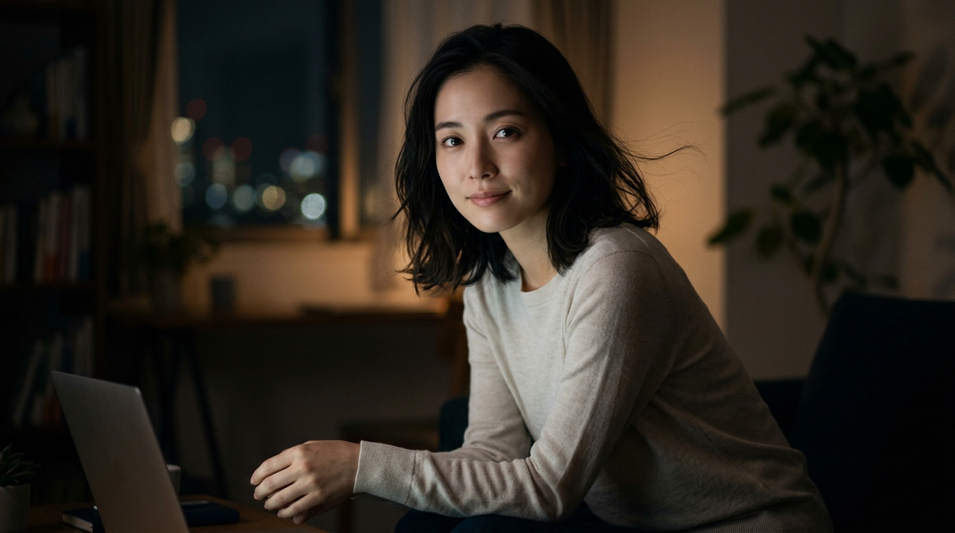 Stripchatで稼げないと悩むキャストの特徴を暗示する、夜の部屋で物憂げにPCの光を見つめる女性のイメージ