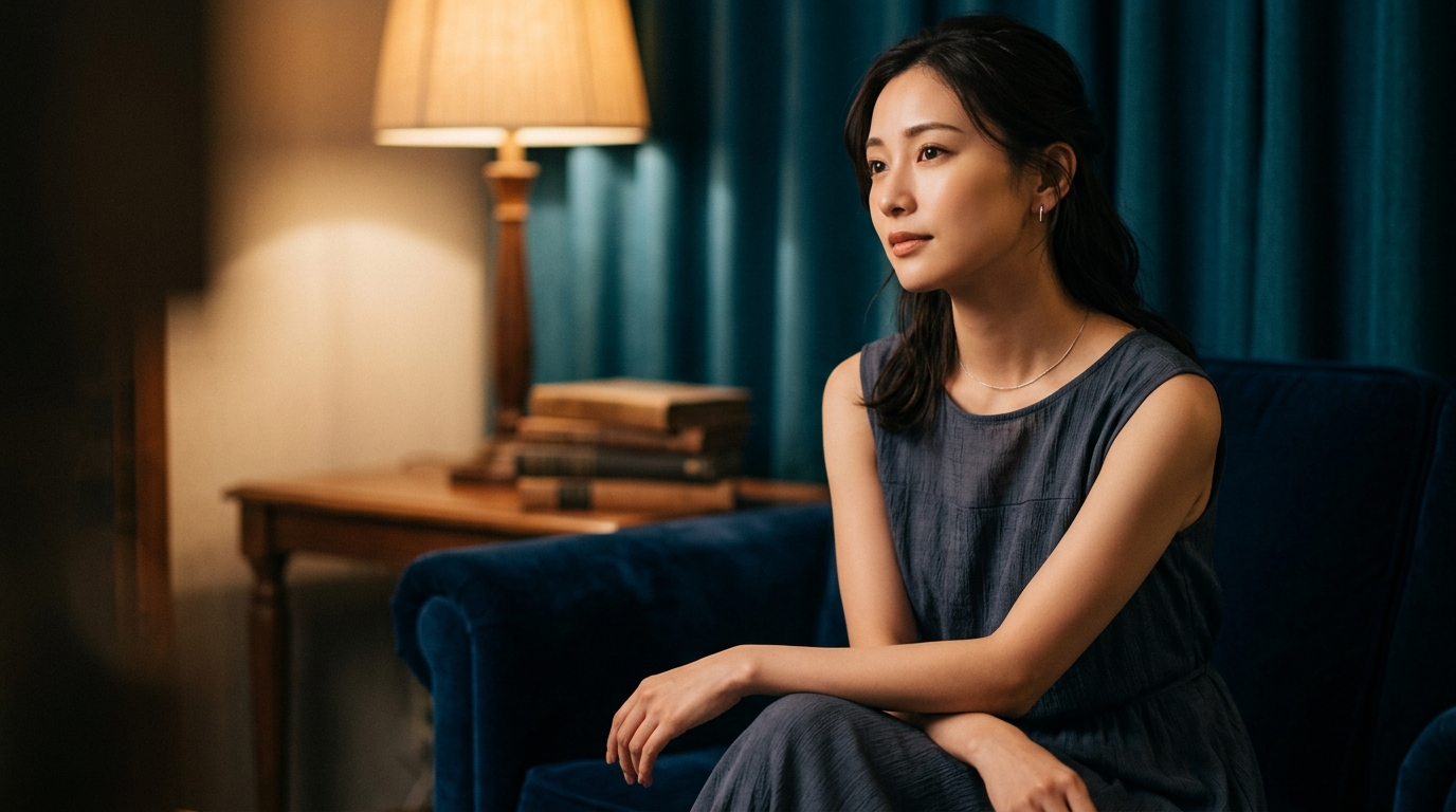 夜の部屋で静かに微笑む女性。Stripchatでのリクエストの伝え方という、心を通わせるコミュニケーションを象徴する一枚。