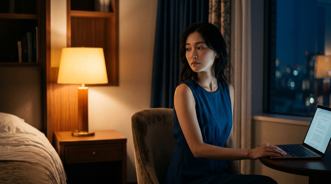 Stripchatのチップ価値を円安の夜に考察する女性。通貨レートとチップ心理学について知的な嗜み方を解説するイメージ。