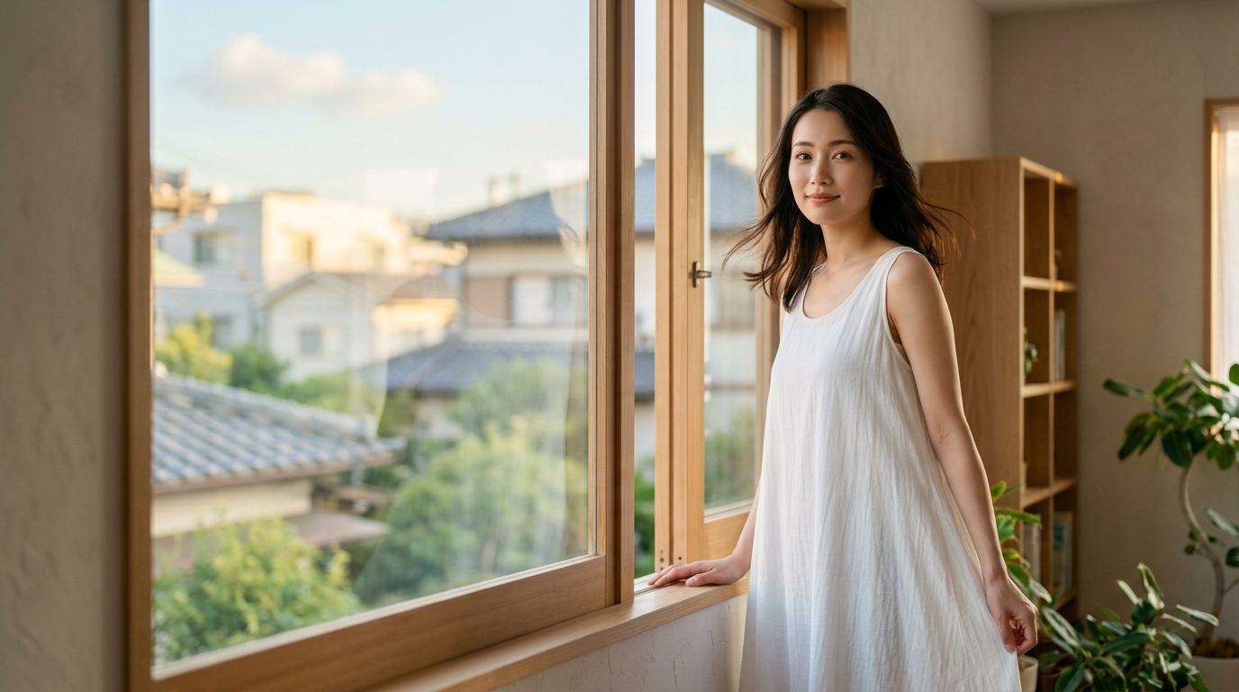 Stripchatの安全性を解説する記事のアイキャッチ。夜の部屋でリラックスして微笑む女性が、安心できるオンライン体験を象徴している。