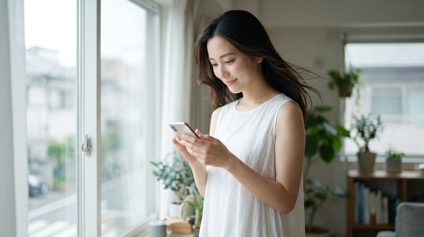 スマートフォンを手に美顔フィルタの設定を確認する女性。盛りすぎにならない自然な加工の境界線を探っている様子。