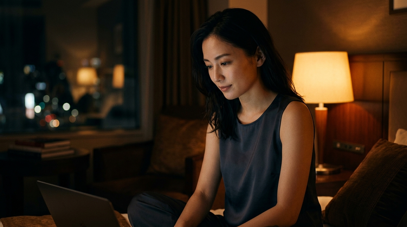 Stripchatを深夜に楽しむ女性のイメージ。静かな部屋でリラックスしながらチャット体験をしている様子。