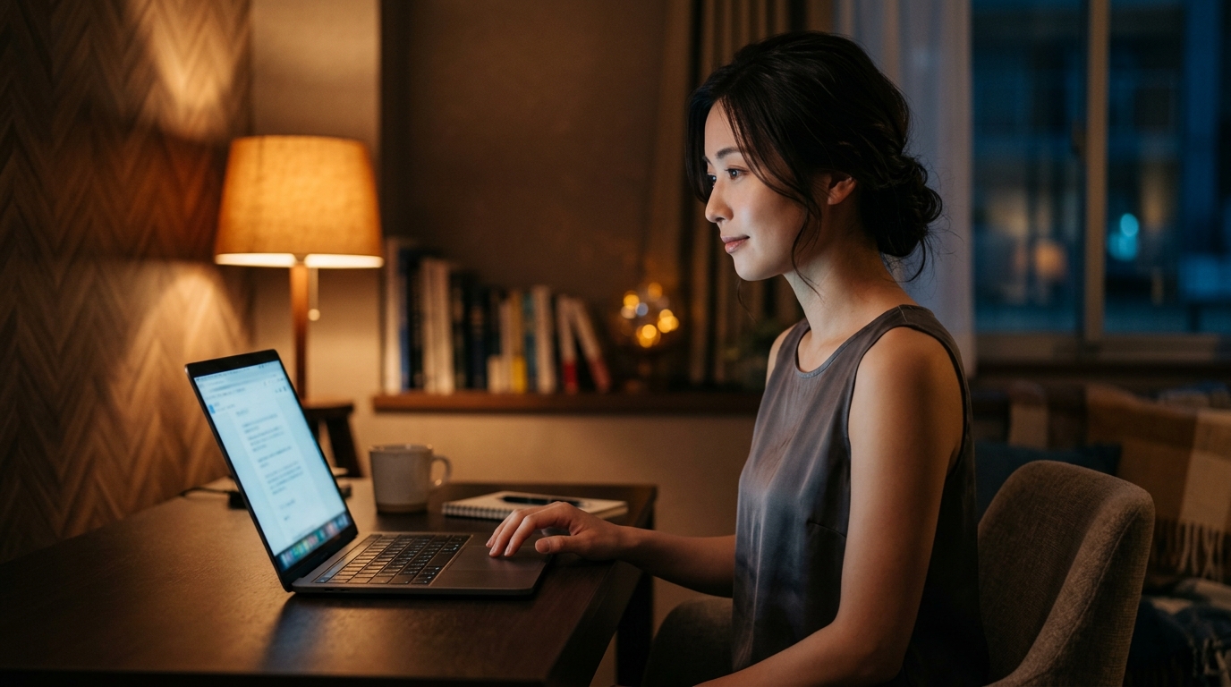 Stripchat体験の没入感を象徴する、ノートPCの光を浴びる美しい女性。テクノロジーがもたらす双方向の繋がりを表現。