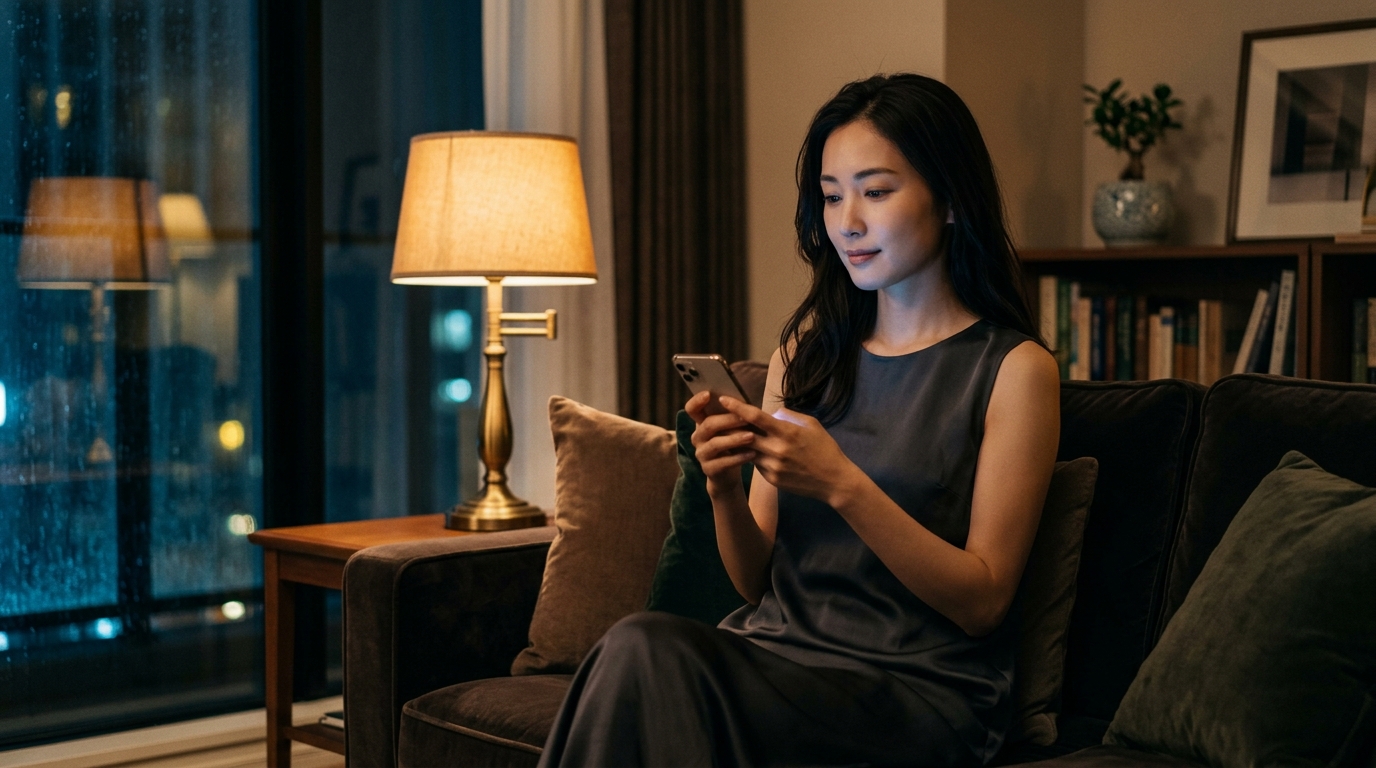 Stripchatの連動トイ体験を前に、深夜の部屋でスマートフォンを見つめる女性。孤独と期待が交差する瞬間を表現。