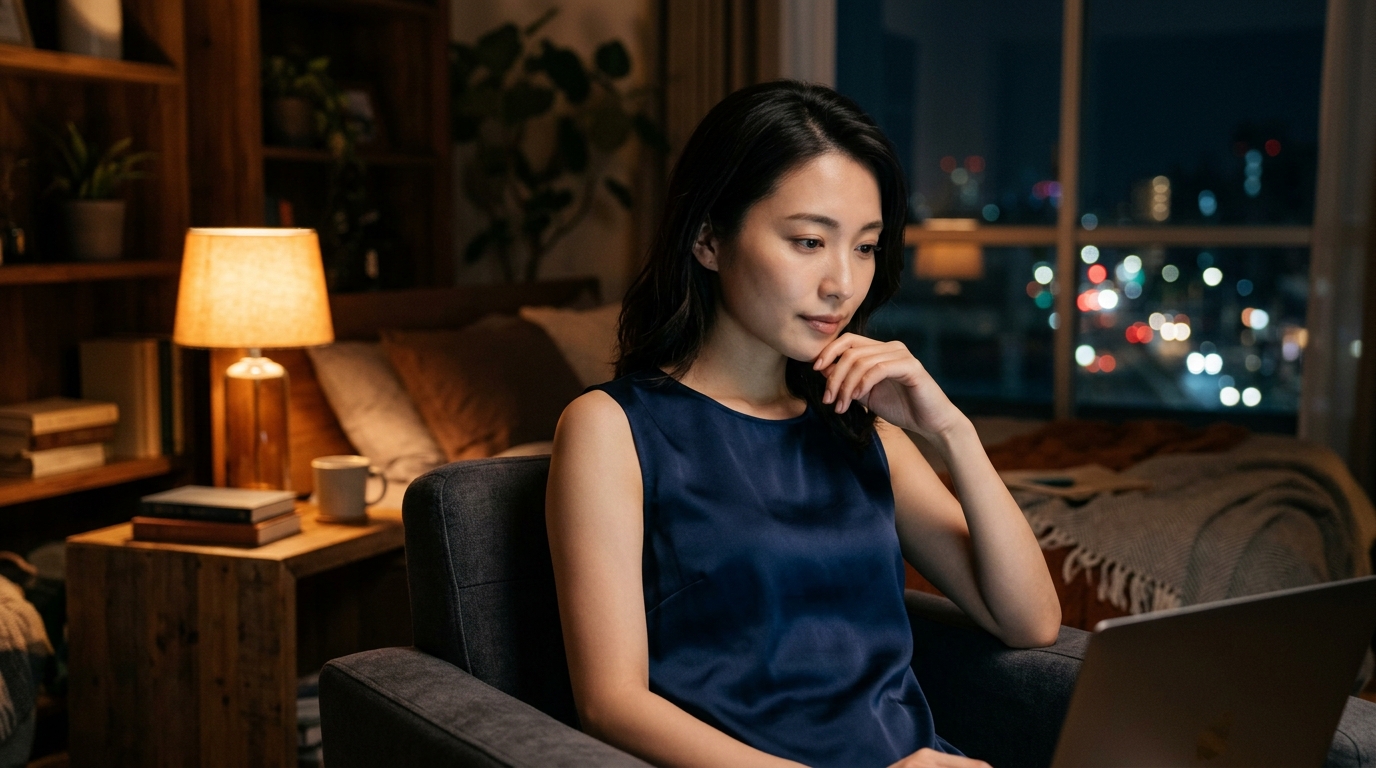 Stripchatの嗜み方について考える女性。一人きりの夜の過ごし方として、画面の向こうとの知的コミュニケーションを楽しむ夜の習慣のイメージ。