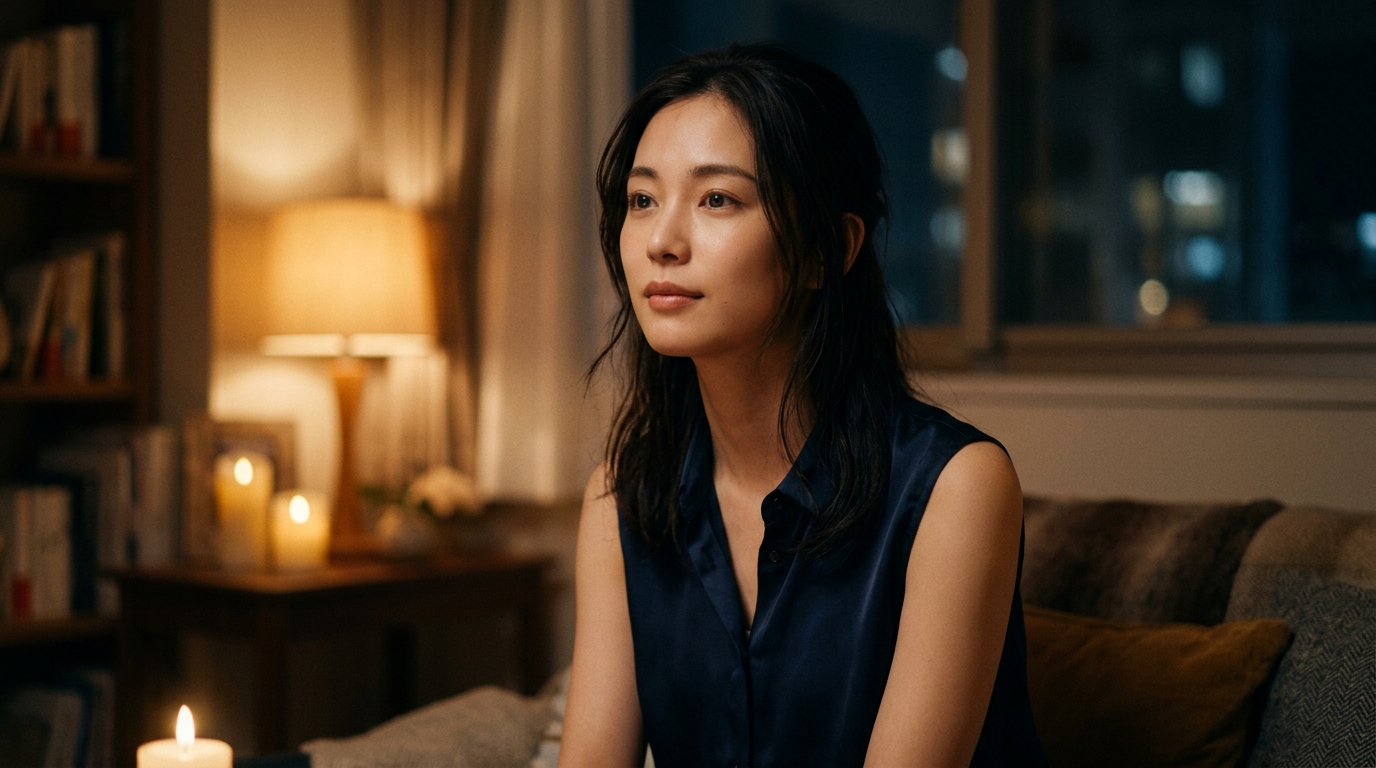 夜の部屋で優しく微笑む女性。Stripchatで体験できる「判断しない優しさ」と心の解放を象徴する一枚。