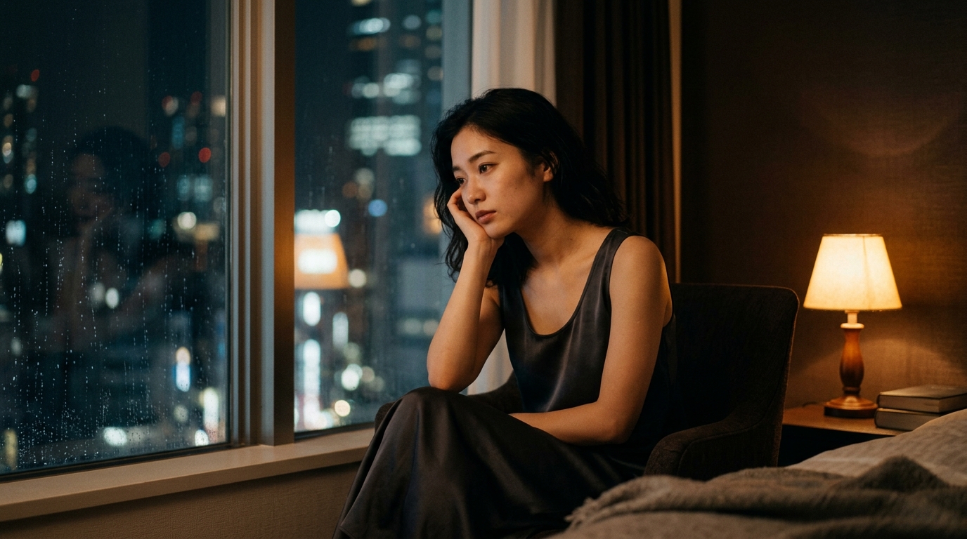 眠れない夜の過ごし方を考え、窓の外の夜景を静かに見つめる女性